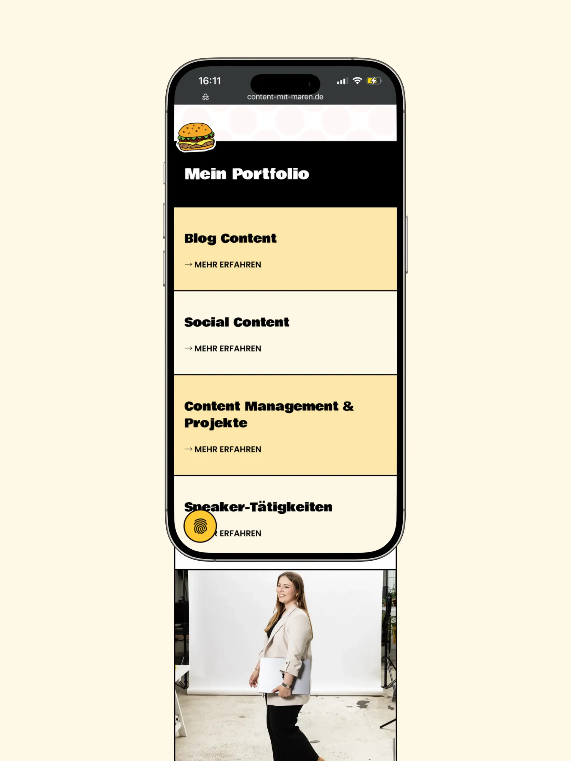 Mobile Mockup-Ansicht der Website von Content mit Maren